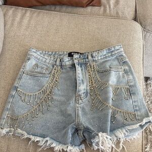 Light Wash Denim Shorts with Diamond Fringe Size Medium, like new